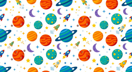 Seamless Pattern of Colorful Planets Rockets and Stars © Hanna