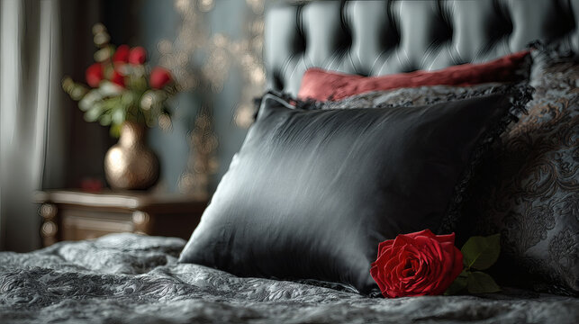 Elegant bedroom scene with black pillow and single red rose.