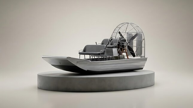 A sleek modern airboat isolated on a pedestal against a neutral studio background capturing the essence of advanced watercraft and shallow water travel