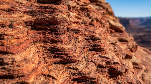 Close up of layered red sandstone rock formation in a desert landscape.