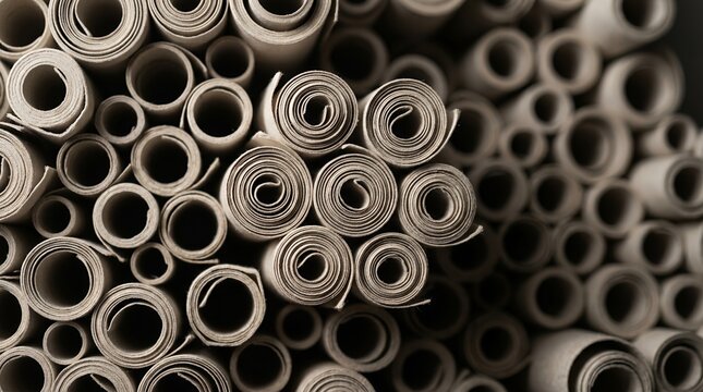 Close up of many rolled up paper scrolls in a pile.