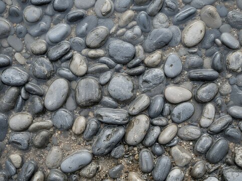 Close up of smooth river stones and pebbles in clear water.