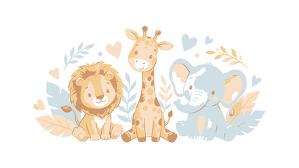 Naklejka premium Watercolor Safari Baby Animals Lion Giraffe and Elephant Nursery Art