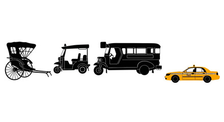 Silhouettes of various transportation vehicles with silhouettes rickshaw golf golf cart bus black white illustration commute travel urban with taxi © Pabitra