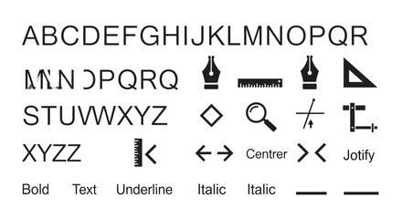 Typography and formatting icons with alphabet letters with displays black typography icons white background underline graphics symbols italic © Pabitra