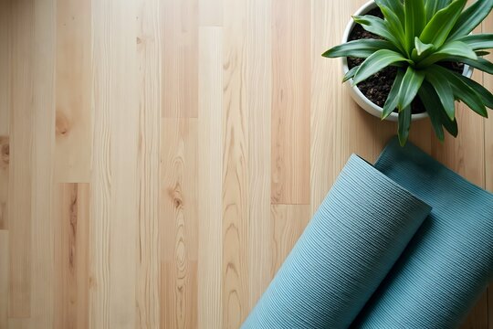 Yoga mat rolled beside a potted plant on a wooden floor