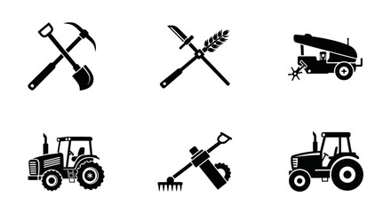 Agricultural tools with black silhouettes farming equipment tools white background agriculture machinery industry vehicles tractor pickaxe with shovel © Pabitra
