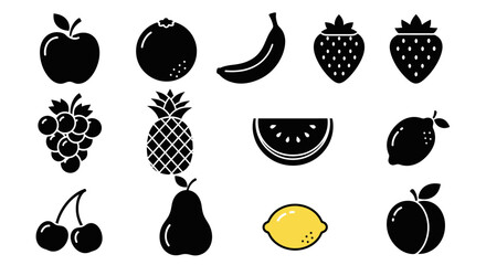 Collection of fruit icons in black with strawberry watermelon pineapple nutrition healthy yellow banana cherry eating grape lemon pear with food © Pabitra