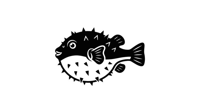 Black and white pufferfish illustration with spiky texture with sea creature texture body wildlife seafood cartoon marine animal simple with ocean