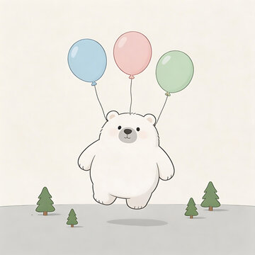 Cute polar bear floating with balloons