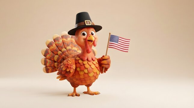 A cute thanksgiving turkey wearing a pilgrim hat while holding a small american flag on a neutral background
