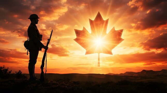 Silhouette of a canadian soldier standing guard against a dramatic sunset with a glowing maple leaf symbol