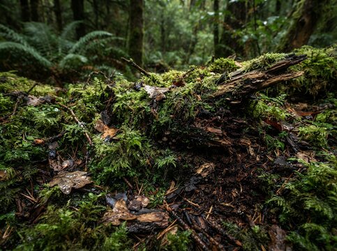 Mossy forest floor with fallen log and ferns.