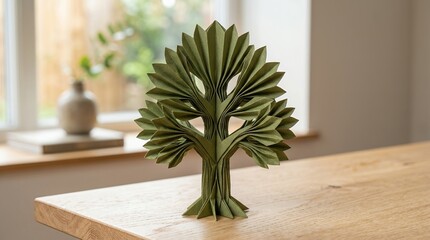 Fototapeta premium Origami tree decoration on a wooden table with blurred background.