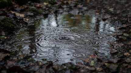 Fototapeta premium Raindrops creating ripples on a forest floor puddle reflecting trees.