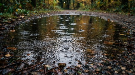 Fototapeta premium Raindrops creating ripples on a forest puddle surrounded by autumn leaves.