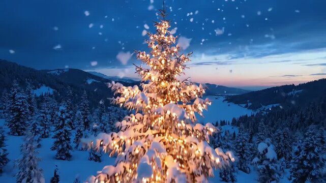 A tall fir tree adorned with golden lights glows against a blue twilight sky and snow-covered mountains during a gentle snowfall. Ideal for holiday travel and cozy winter atmosphere videos.