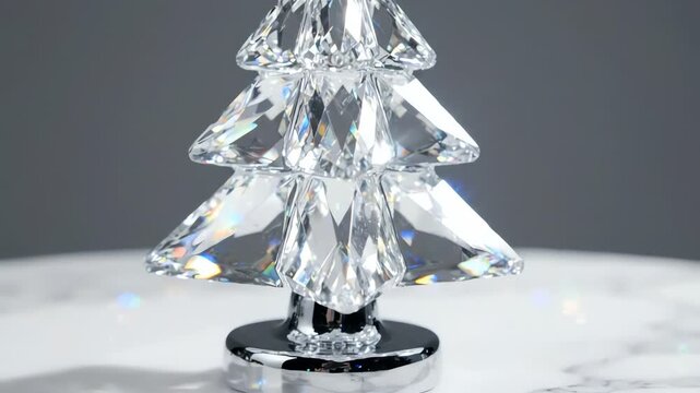 Detailed view of a faceted crystal xmastree featuring a silver star topper and brilliant light flares. The ornament reflects a spectrum of colors on a light surface. Ideal for festive branding.