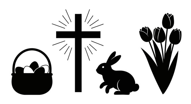 Easter symbols including cross eggs bunny and tulips in black silhouette with silhouette white background christianity celebration religion with holiday