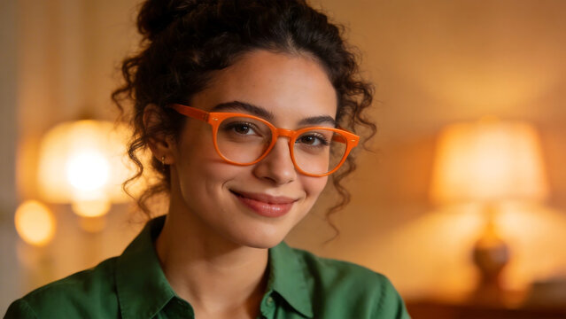 Woman with orange glasses smiling
