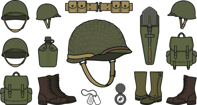 Military equipment collection featuring combat helmet, field backpack, canteen, entrenching shovel, ammunition belt, combat boots, and army gear flat vector illustration