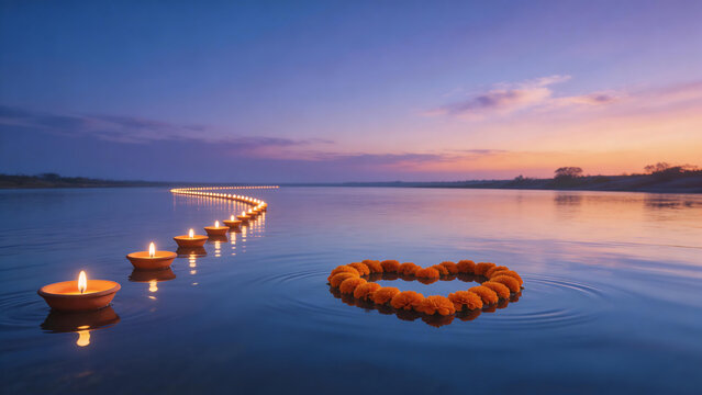 Candles and flower heart float on water at dusk