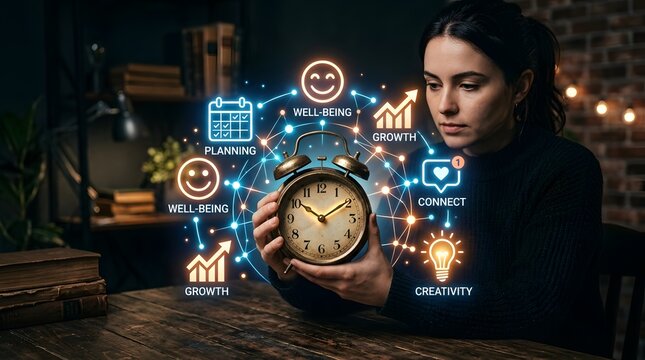 Title: Businesswoman Analyzing AI Productivity Metrics and Time Management Concept