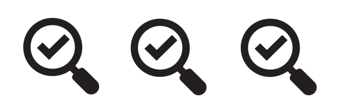 Magnifying glass with check mark icon set. find and check, search success, verify, valid document vector sign.
