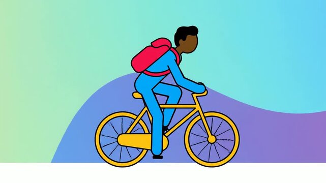 Illustration of man riding bicycle with backpack