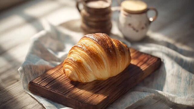 Golden croissant on a wooden board.