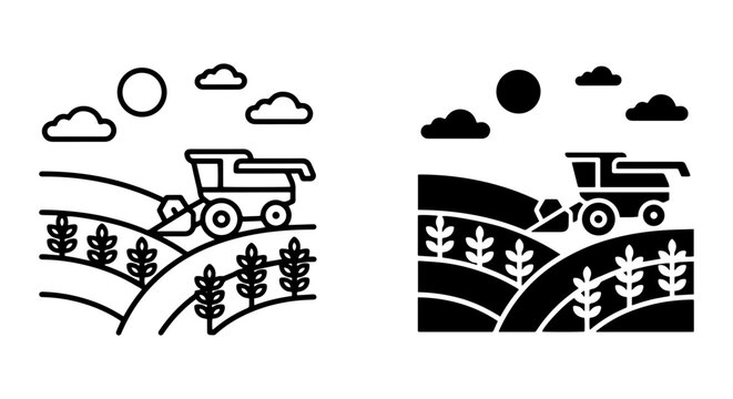 Harvesting Combine Icon Set, Agricultural Field Scene, Rural Farming Vector Graphics