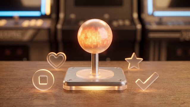 Arcade gaming joystick entertainment concept, glowing retro joystick on desk with star heart and checkmark icons, classic gaming, game design, player engagement and interactive experience