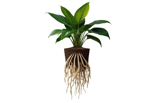 Compact green foliage plant with long tangled roots