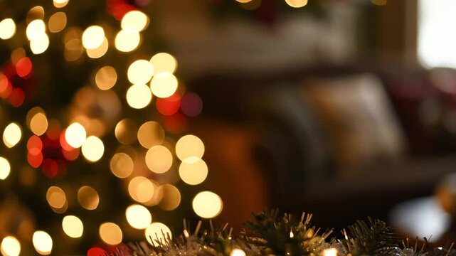 Blurred Christmas tree lights and tinsel background