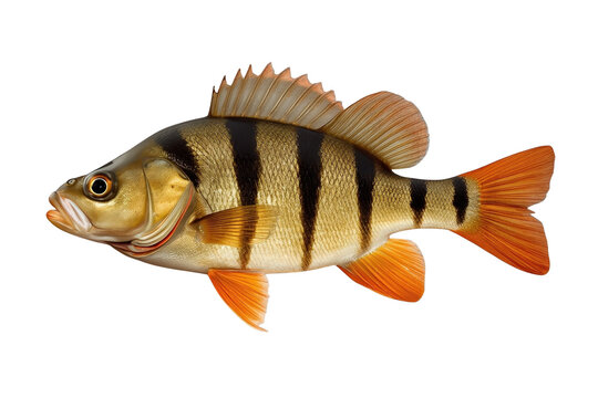 Golden striped freshwater fish with orange fins