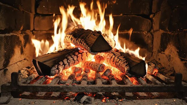 Crackling firewood burning in a stone fireplace with glowing embers