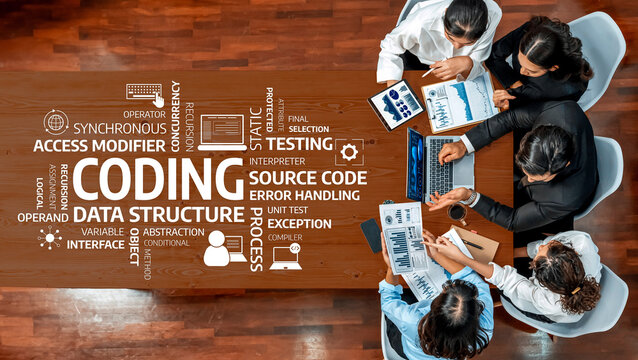A diverse group of professionals collaborates on a coding project, engaged with charts and diagrams that illustrate key programming concepts and data analysis techniques. Amity