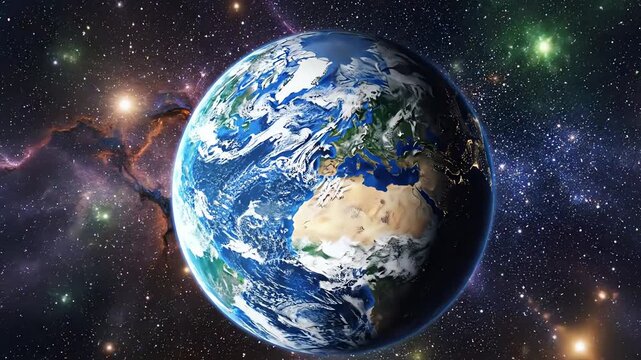 Planet Earth rotating in deep space with stars and nebula