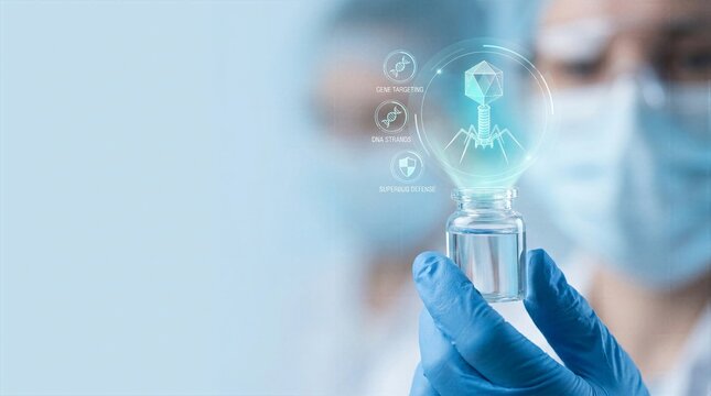 Laboratory researcher holding glass vial with glowing blue bacteriophage virus hologram and genetic targeting digital interface representing modern biotechnology and superbug defense