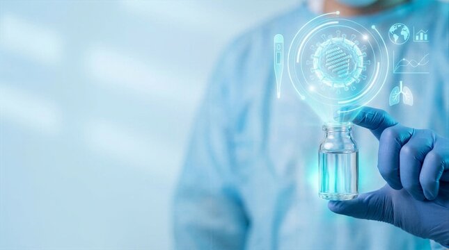 Medical researcher analyzing viral pathogen model projecting from glass vial with digital epidemiology dashboard showing lung scans and global health statistics for vaccine development