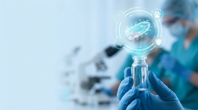 Laboratory scientist examining veterinary pharmaceutical vial with glowing holographic pill and protective animal health icons for modern veterinary research