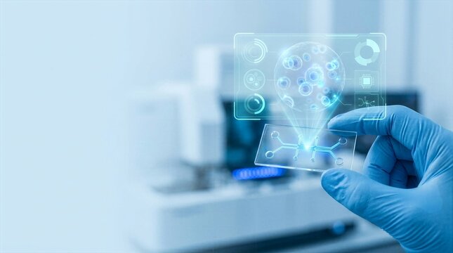 Scientist holding smart glass microfluidic device projecting three dimensional holographic cell division and biotechnology research analytics dashboard
