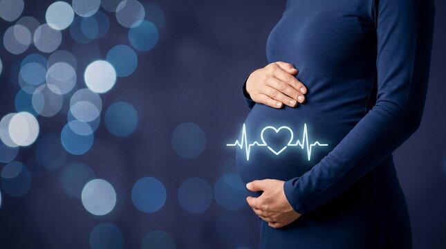 Pregnant woman gently holding belly with glowing blue holographic heart and electrocardiogram heartbeat line indicating healthy fetal development