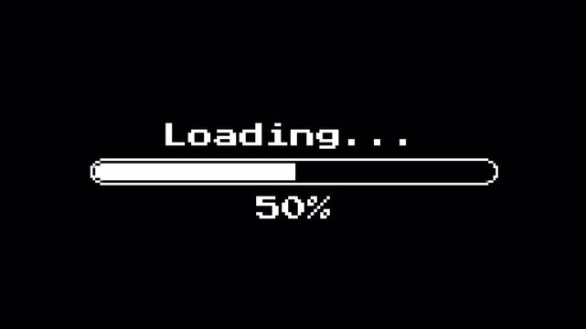 Retro Game Continuous Pixel Loading Screen With Progress Bar And 100% Complete - 8-Bit Dot Characters Motion Graphic Overlay - Transparent Background Alpha Channel ProRes