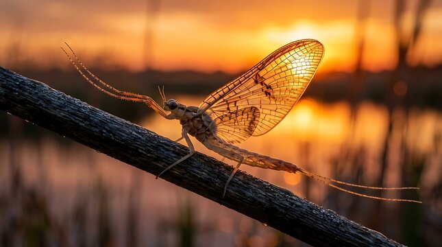 Mayfly insect resting on a twig during a beautiful warm golden sunset