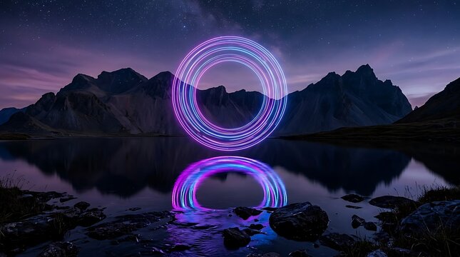 Neon glowing circles and light trails reflecting in a calm mountain lake at night