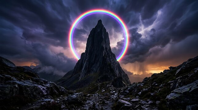 Tall mountain peak silhouette against a colorful circular rainbow in a dark night sky