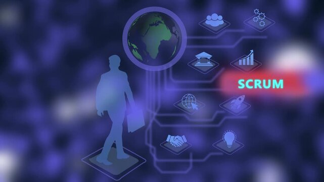Scrum methodology infographic animation featuring a digital businessman silhouette with global brain network for agile project management and corporate software development strategy