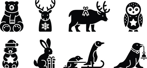 Festive winter animal silhouette vector set with bear reindeer owl beaver rabbit penguin and seal © mstlipibegum