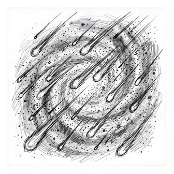 Meteor shower streaks across a swirling spiral galaxy depicted in a detailed charcoal sketch with high contrast black lines and white paper texture.